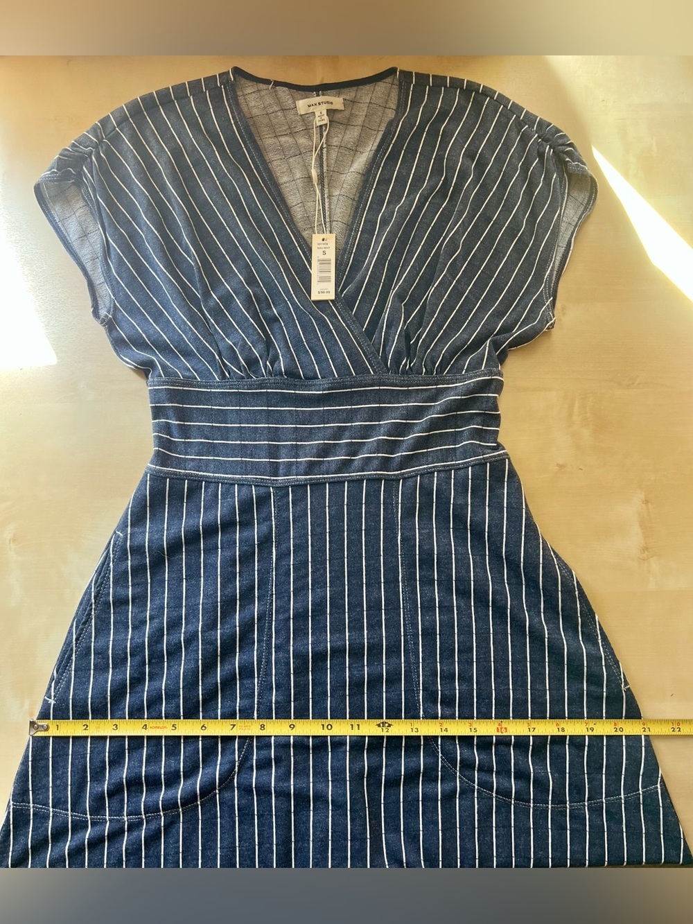 Navy and White Pinstripe A-line Midi Dress with Pockets Nautical Coastal Grandma - Picture 9 of 9